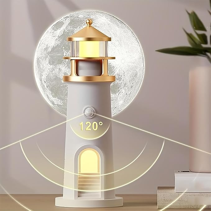 Moon Lighthouse Projector Night Light with Motion Sensor - Rechargeable LED Galaxy Table Lamp, Moon Lamp for Kids, Bedroom, Nursery Decor - Perfect Christmas, Birthday Gift for Boys & Girls