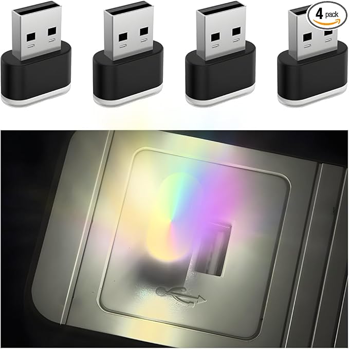 4PCS USB LED Car Interior Atmosphere Lamp, Portable Plug-in Mini Vehicle Night Light, Automotive Trunk Ambient Lighting Decoration Kit, Universal for SUV Sedan Truck (Multicolor)