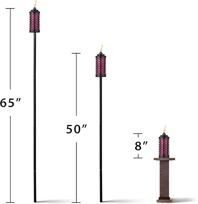 TIKI Convertible 65" Honeycomb Glass Torch – Burgundy Outdoor Decorative Lighting for Patio, Lawn & Backyard Décor | Weather-Resistant | Includes Long-Lasting Wick & Snuffer