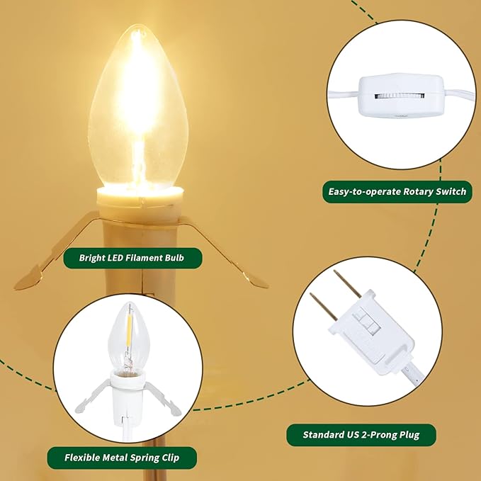 6FT Accessory Light Cord with Single LED Bulb, Blow Mold Replacement Light Kit, C7 Clip Light with One Bulb On/Off Switch & 2-Prong Plug for Salt Lamp, Christmas Village House, Craft Projects, 2 Packs