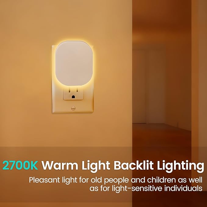 Night Lights with Motion Sensor & Dusk-to-Dawn Sensor, 2 Pack, Backlit Soft White with Adjustable Brightness, Auto-On/Off, for Kids Adults Nursery Bedroom Bathroom Hallway Kitchen