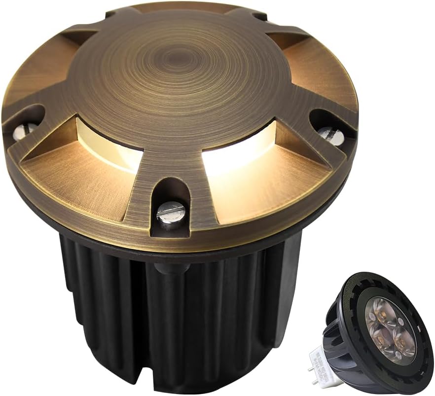 MALORY Brass Top Cover Landscape Well Lights, 12V Low Voltage Outdoor In Ground Lights,Landscape Lighting for Pathway, Driveway, Garden 1 Pack with Bulb (Five-Direction Turret, 1-Pack with Bulb)