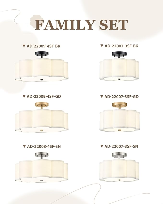 Black Semi Flush Mount Ceiling Lights, 4-Light 18" Ceiling Light Fixtures with Fabric Shade in Flower Shape, Farmhouse Drum Lighting for Nursery Bedroom Kitchen, AD-22009-4SF-BK