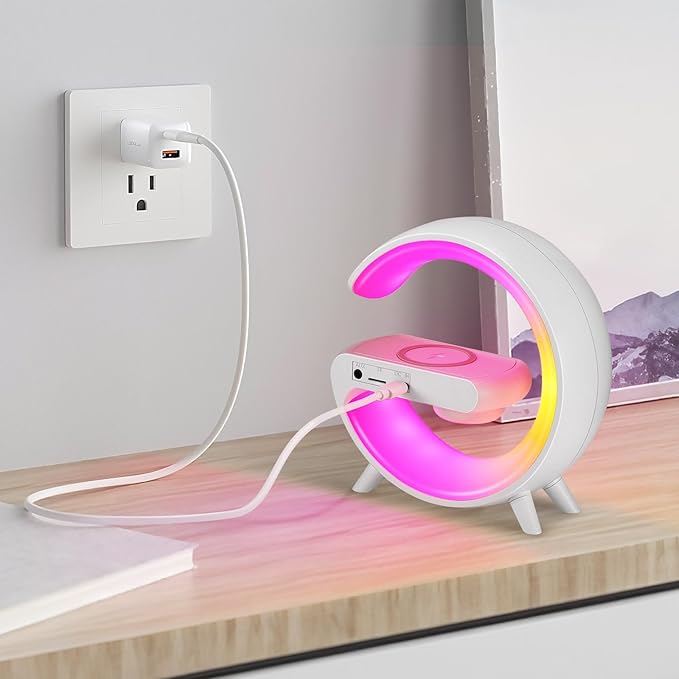 Blingbin Wireless Charger Atmosphere Lamp, 2025 New Mini LED Table Lamp, Bluetooth Speaker, Dimmable Night Light Bedside Lamp Alarm Clock with Music for Christmas Birthday New Year Gifts