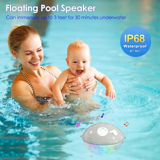 Blufree Floating Pool Speakers with Colorful Lights, IP68 Waterproof Bluetooth Speaker for Pool, Crystal Clear Sound Hot Tub Speaker for Pool, Spa and Outdoor