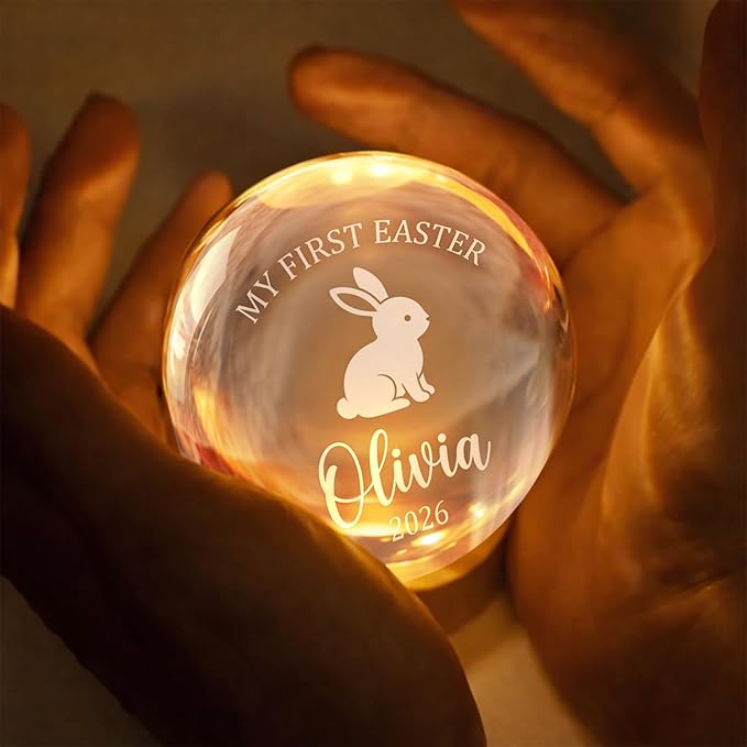 Personalized Easter Bunny Crystal Ball LED Lamp, Custom Name Glass Globe Night Light, Spring Home Decor Accent Light with Wooden Base, My First Easter Keepsake Gift for Family and Bedroom Display