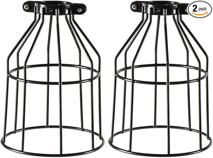 Pack of 2 Industrial Adjustable Light Fixture Lamp Guard, XIDING DIY Metal Wire Cage Light Fixture Lamp Cage Guard, Upgrade Black Hanging Pendant Light Bulb Cage