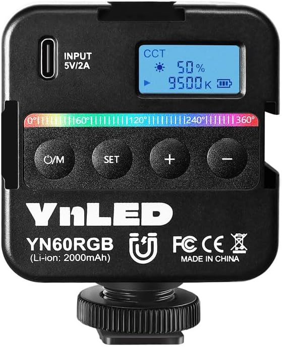 YONGNUO YN60RGB 6W Video Lights, LED Camera Light 360° Full Color Portable Photography Lighting with Cold Shoe, 2000mAh Rechargeable CRI 95+ 2500-9500K Dimmable Panel Lamp Support Magnetic Attraction