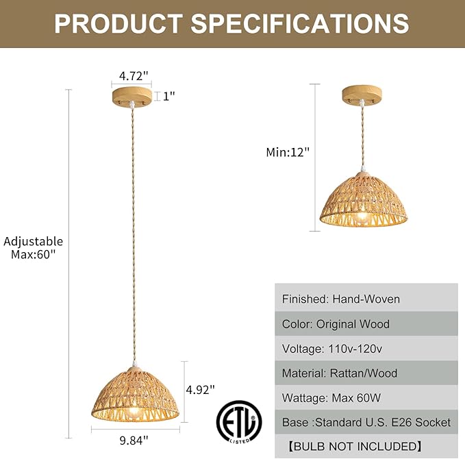 Farmhouse Wicker Pendant Light, 2-Light Boho Rattan Chandelier Light Fixture, Ceiling Hanging with Woven Lampshade, for Kitchen Bedroom Island Hallway, ETL Listed