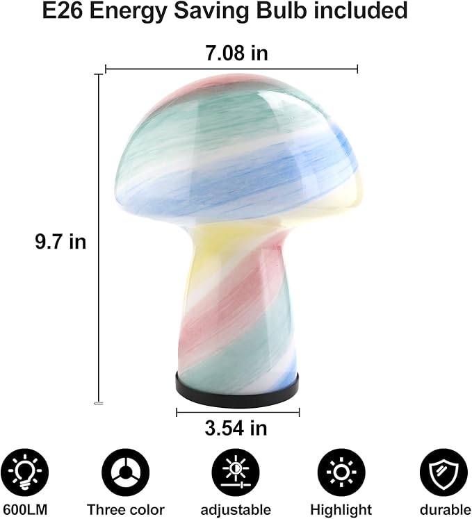 Mushroom lamp,Dimmable Glass Table Lamp,Vintage Style Table Lamp,Rainbow Bedside Desk lamp,Cute Table Lamps.（LED Bulbs Included）