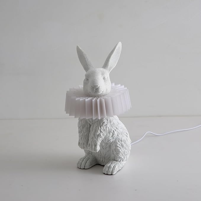 White Rabbit Lamp,Resin Crafted Scarf Bunny Table Lamp Featuring White Pleated PC Lampshade,USB Plug, Energy-Efficient Kids Nightstand Lamp