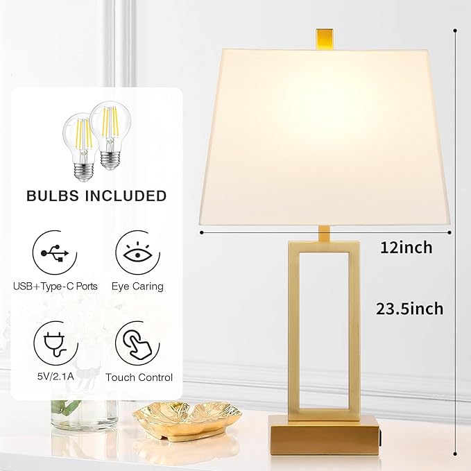 Touch Control Table Lamps Set of 2, Modern Gold Bedside Lamps with USB A+C Ports & AC Outlet, 3 Way Dimmable Contemporary Nightstand Lamps for Bedroom Living Room(LED Bulb Included)