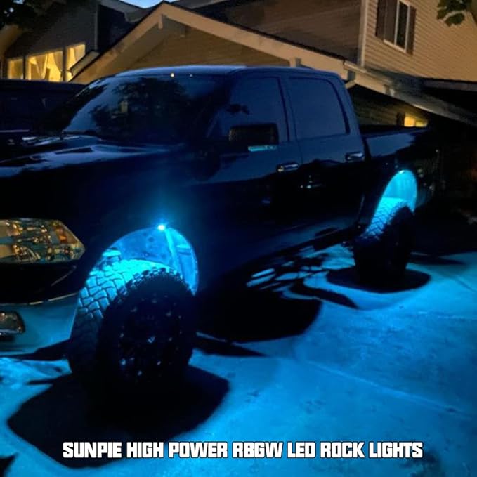 SUNPIE 12 Pods Upgraded 210 Degrees Wide Angle RGBW Rock Lights App Voice Mode Music Mode Automatic Control Neon Light Kit Wheel Well Lights for Off Road Truck SUV ATV UTV Boats