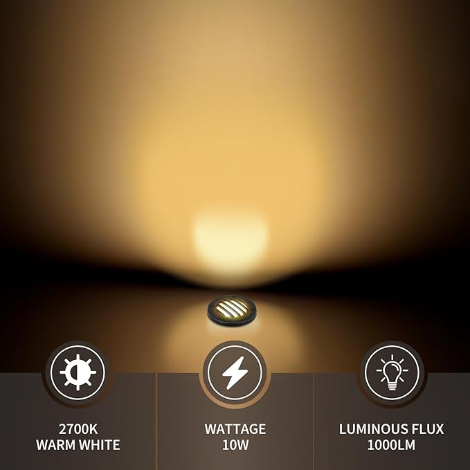 Low Voltage Landscape Lighting: 10W 2700K Warm White LED Well Lights, 12/24V Outdoor In-Ground Lights with IP67 Waterproof for Garden Yard Pathway Pavers Deck Fence, 2 Pack with Connectors