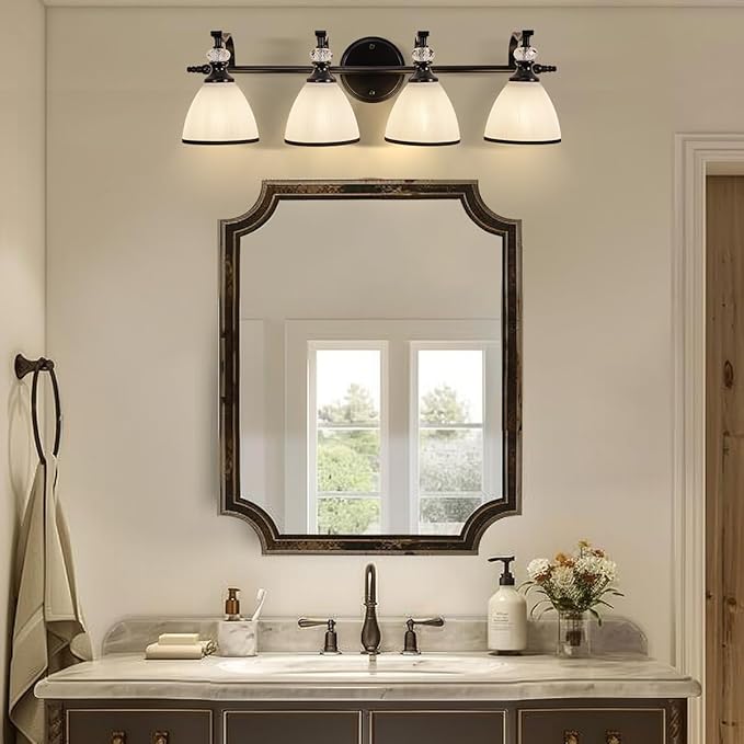 ANDY STAR Modern Bathroom Light Fixtures, 4-Light Vanity Lights, 28 inch Farmhouse Wall Sconces, Black Wall Lamp with Milky Glass, Well-Made Bathroom Lighting Fixtures Over Mirror for Living Room