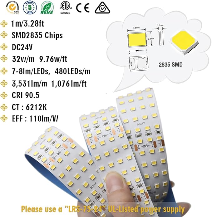 2835 White High CRI 90 LED Strip Light - Bright Color Quad Row Flexible LED Tape Lights 24V- IP20-3,530 lm/m for LED Industrial and Photographic Lighting (1m/3.28' Daylight White)