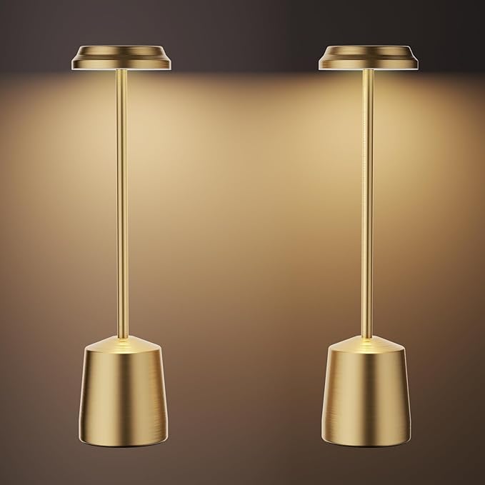 Aluminum LED Cordless Gold Table Lamps Set of 2, Portable Rechargeable 5000mAh Battery Operated Table Light, 3 Color Stepless Dimming Touch Control, Desk Lamp for Dinner/Restaurant/Bars/Coffee Shop