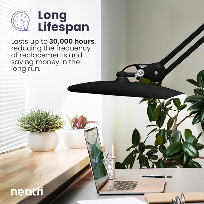 Neatfi XL LED Desk Lamp with Base, 2200 Lumens, 24W, 20-Inch Wide Head, Dimmable 4 Brightness Levels, Task Light for Home Office, Crafts, Workbench (Non-CCT, Black)