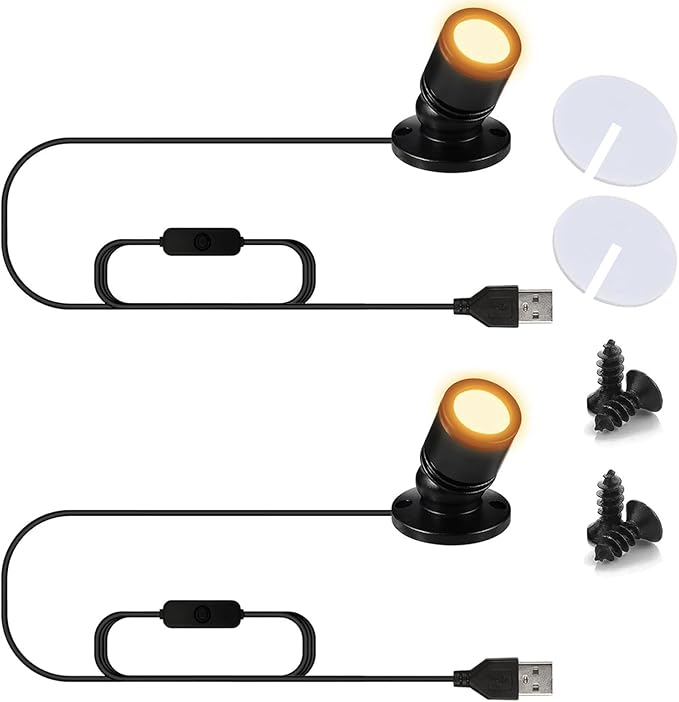 USB Powered Mini Spotlights for Displays 2-Pack – 5V Small LED Spot Lights Indoor, 7 Color Options, Compact USB Spotlight for Display Cases, Shelves, Cabinets, and Artwork (2PACK Yellow)