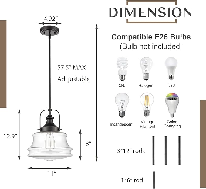 Industrial Black Pendant Light Milk White Glass Schoolhouse Hanging Light Fixture, E26 Dimmable Light for Kitchen Bar Dining Bathroom Bedroom