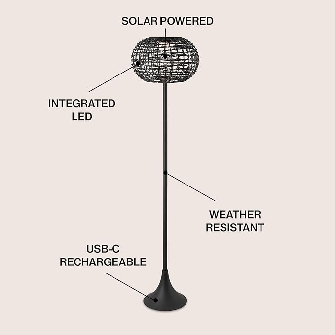 JONATHAN Y 58" Black Modern Outdoor Solar Floor Lamp, Waterproof LED Standing Light for Patio, Deck, Porch, Faux Rattan Shade, USB-C Rechargeable, Coastal Decor JYL2601A