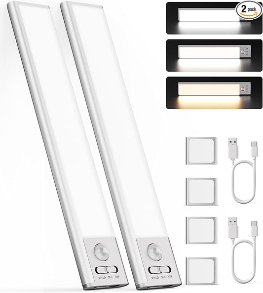 Joyzy 2 Pack 66 LED Motion Sensor Closet Lights, 9.2’’ Rechargeable Under Cabinet Lighting Magnetic 3 Color Temps & Dimmable Under Counter Light Motion Activated Pantry Light (110 Lumen)