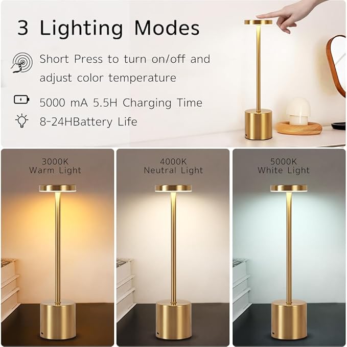 2 Pack LED Rechargeable Cordless Table Lamps,Portable Outdoor 5000 mAh Battery Operated Table Light Touch Control 3 Color Dimmable Touch Lamp for Patio/Cofee/Restaurant/Camping/Dining/Bedroom-Gold