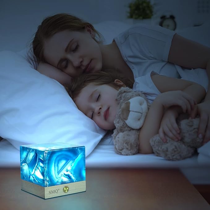 SMQ Blue Agate Crystal Night Light Handmade Polished Healing Crystal Stones Gemstone Square Touch Nightlight Lamp with USB Charging Port for Living Room,Shelf,Office Decor