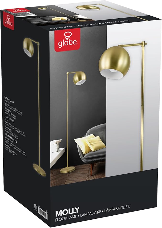 Globe Electric 12915 60" Floor Lamp, Satin Gold Finish, Vintage Glam Design, in-Line Switch, E26 Base, Gold and Brass Modern Floor Lamp for Living Rooms and Bedrooms