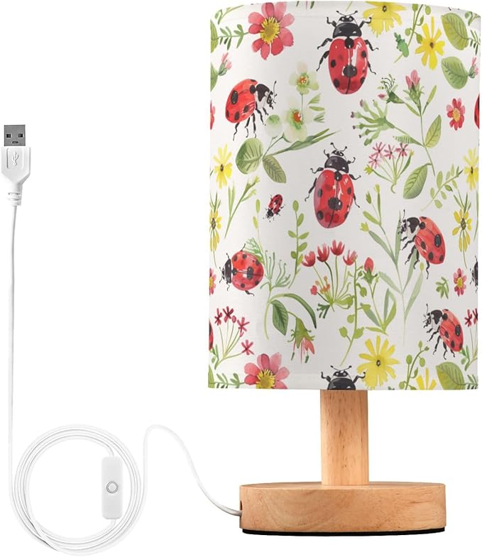 Watercolor Ladybug Flowers Table Lamp for Bedroom USB Port Lamps Small Accent Table Lamp Nightstand Lamp Study Linen Shade with Wooden Base, Decorative Lamps for Bedside Reading|Kids|Dorm|Home