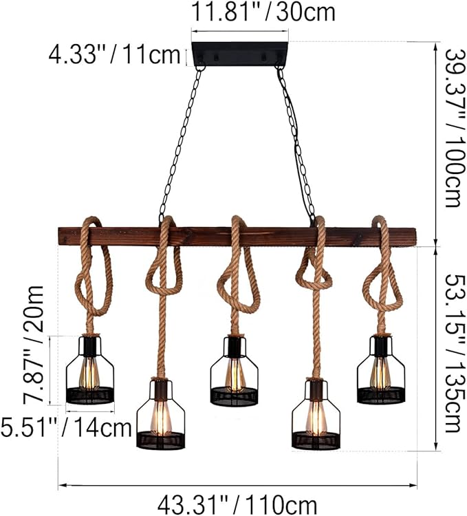 Farmhouse Pendant Lights Kitchen Island, Kitchen Light Fixtures, Rustic Dining Room Light Fixture with 5 E26 Bulb Sockets, Black Metal and Wood Beam Ceiling Pendant Light Fixtures