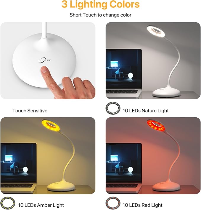 Rechargeable Desk Lamp Cordless with 3 Color Modes, Touch Control 30 LEDs Table Lamp, Stepless Dimming Reading Light, 360° Flexible, Portable Eye-Caring Sleep Aid for Dorm Study Office Bedroom