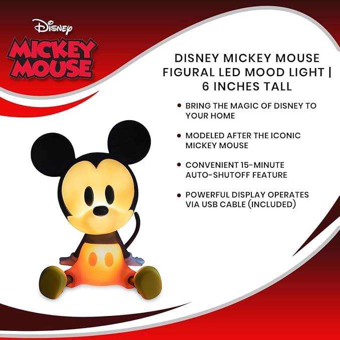 Ukonic Disney Mickey Mouse Figural Mood Light | Nightstand Table Lamp with LED Light for Bedroom, Desk, Living Room | Home Decor Room Essentials, Cute Gifts and Collectibles | 6 Inches Tall