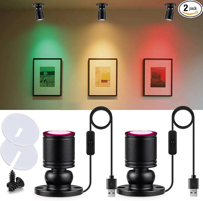 USB Powered Mini Spotlights for Displays 2-Pack – 5V Small LED Spot Lights Indoor, 7 Color Options, Compact USB Spotlight for Display Cases, Shelves, Cabinets, and Artwork (2PACK Purple)