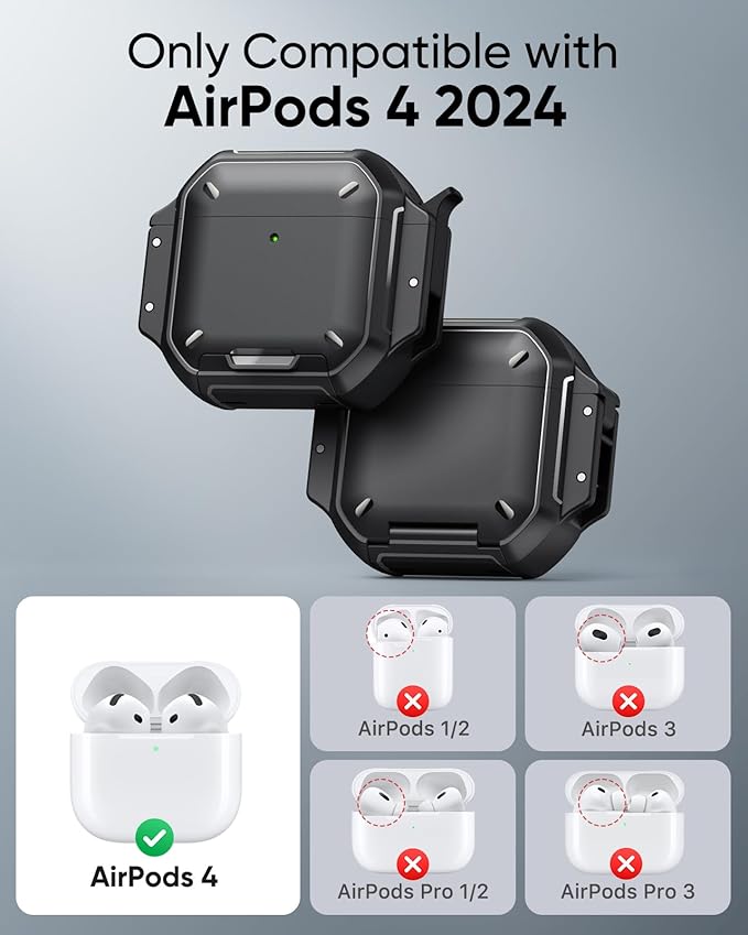 MoKo for AirPods 4th Case with Lock - IP68 Waterproof & Military-Grade Protection, Drop-Proof Hard Shell Protective Earpods 4 Cover with Keychain, Cleaner Kit & Phone Stand, Black