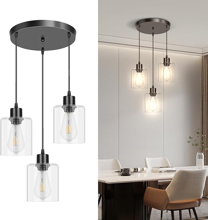 CANMEIJIA 3-Light Pendant Light Fixtures, Black Glass Pendant Lights for Kitchen Island, Industrial Hanging Lighting for Dining Room Bedroom, Modern Ceiling Lamp E26 Base, Bulbs Not Included