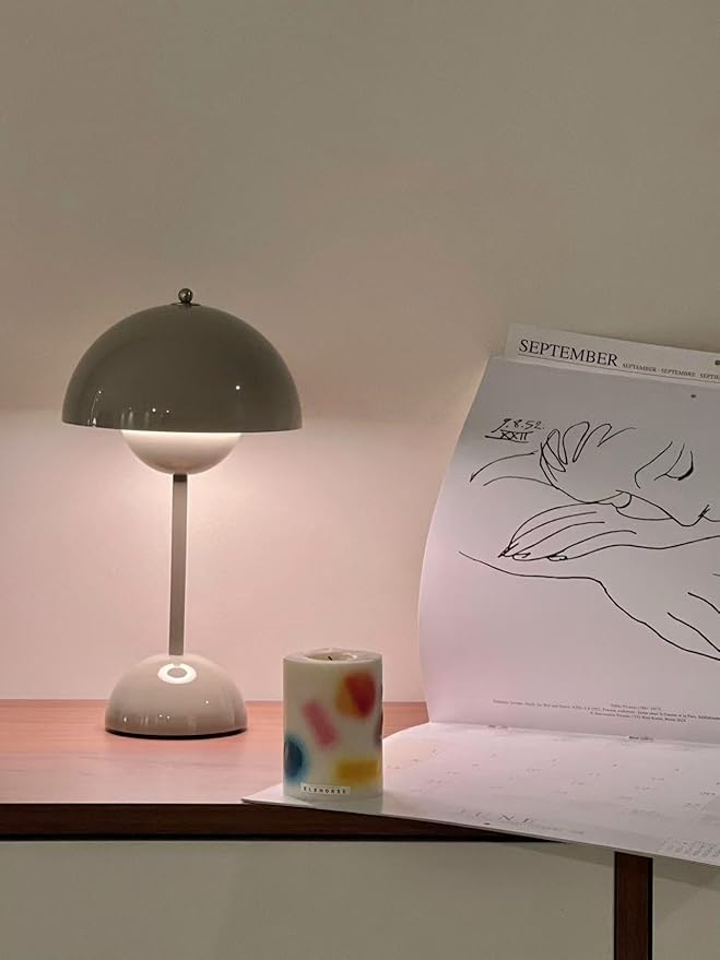 Modern Flower Bud Lamp 12" Cordless Touch Lamp Dimmable 2600mAh Rechargeable Desk Lamp Nordic Minimalist Mushroom Lamp Nightstand Bedside Lamp for Bedroom Living Room(Cream Grey) No Reading Light