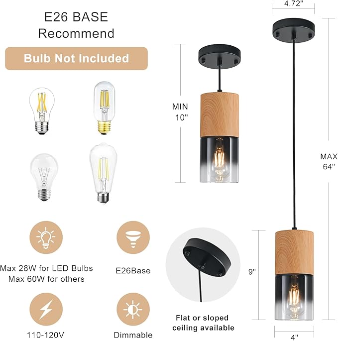 3-Pack Modern Pendant Lights for Kitchen Island, Adjustable Black Pendant Light Fixtures with Raw Wood Grain, Industrial Glass Pendant Lights for Dining Table Hallway Bedroom Living Room