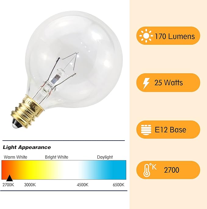 Wax Warmer Light Bulbs, G50 25 Watt for Full Size Scentsy Warmers, G16.5 Globe E12 Base Clear - Long Life-Span and Melt Wax Fast, 120 Volt (6 Pack)