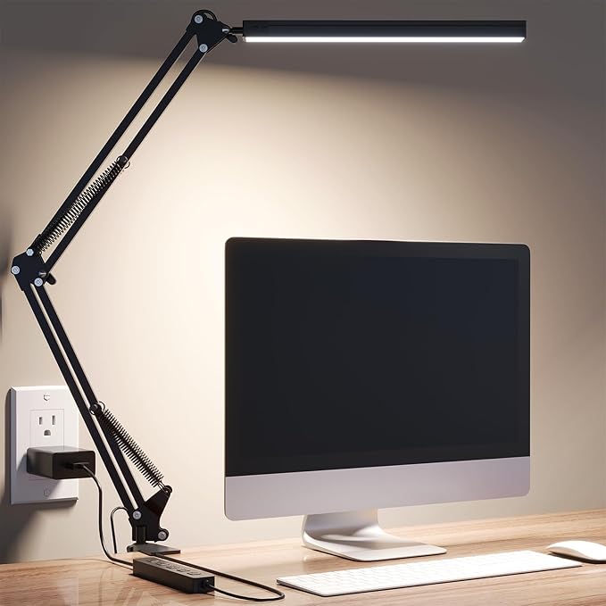 LED Desk Lamp for Home Office, Clamp-On with 5 Light Modes & Auto Shut Off | 14W Adjustable Brightness 5000K Eye-Caring Lighting for Study/Bedroom/Computer Desk