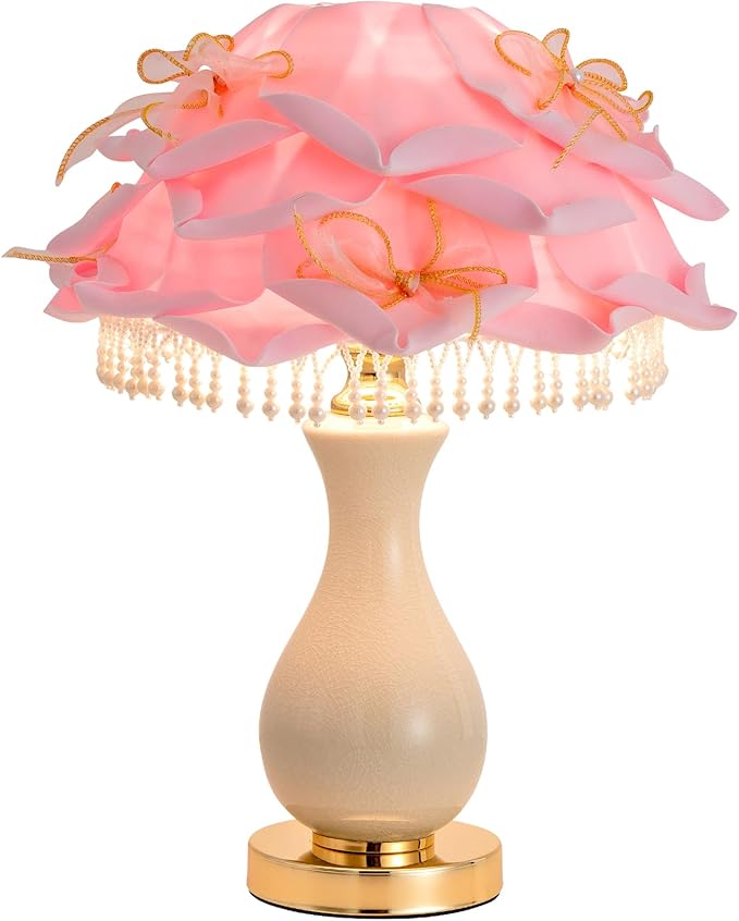 Pink Rose Flower Lamp Nordic Table Lamp Romantic Ceramic Nightstand Light Princess Bedside Lamp for Girl Valentines Mother's Day Wedding Party Deco Bedroom Living Room Entry