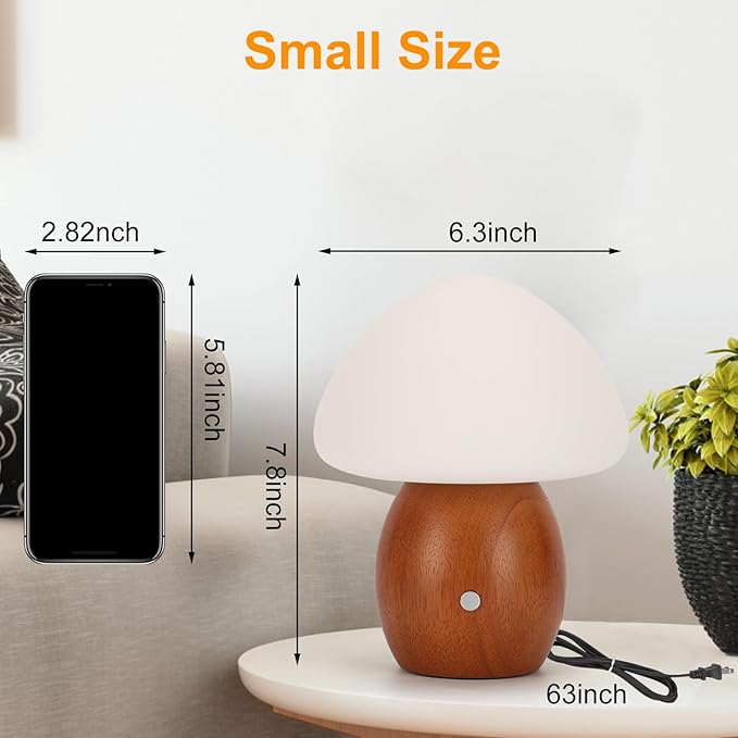 Mushroom Lamp with Touch Control Switch, Small Wooden Table Lamp with Glass Shade, 3 Way Dimmable Nightstand Lamp for Bedroom, G9 LED Bulb Included (Brown Color&Opal White Glass Shade)