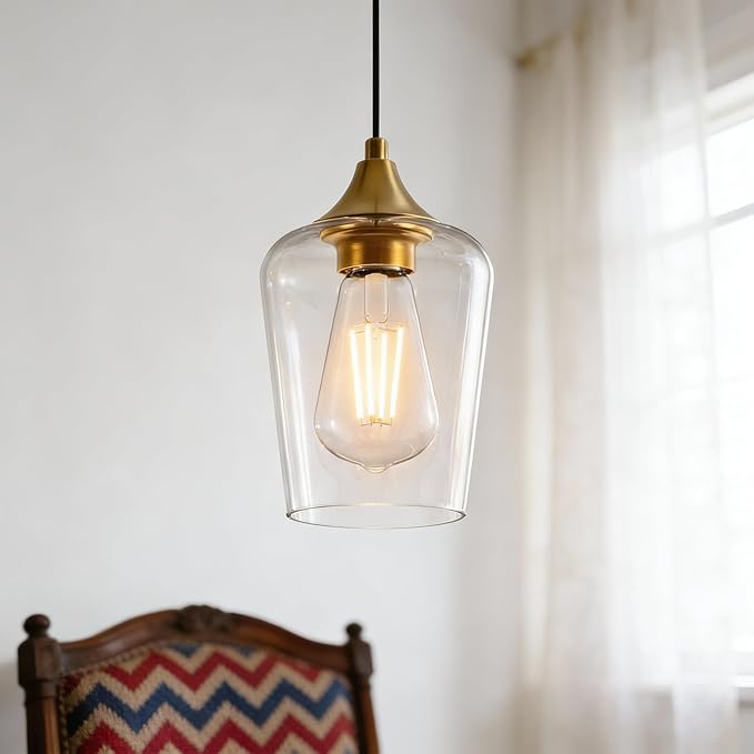 Ralbay Farmhouse Brushed Gold Pendant Light 3-Pack, Pendant Light Fixtures with Wine Clear Glass Shade, Kitchen Island Lighting for Dining Room, Rustic Adjustable Hanging Lighting Fixture
