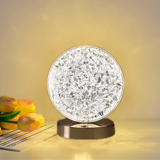 Crystal Table Lamp, Touch Control Nightstand Light with 3Color Temperature, USB Rechargeable Bedside Light for Bedroom Living Room Desktop Bar Cafe Office Indoor Decoration(Round)