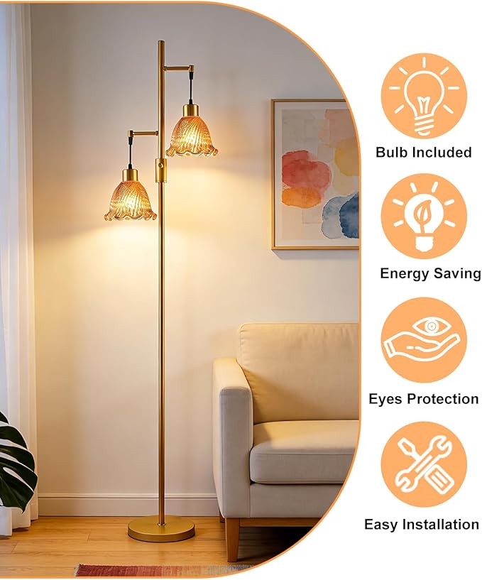 65IN Glass Floor Lamp, 2-Light Gold Tall Standing Lamps Dimmable with Rose Red Glass Lampshade, 3000K Warmwhite Mid Century Modern Floor Lamp for Living Room/Bedroom/Sofa Beside/Home Decor