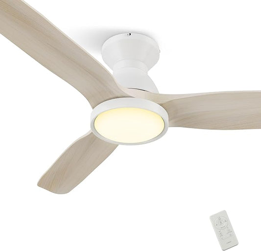 SMAAIR 52 Inch Ceiling Fans with Lights and Remote, Solid Wood White Modern Ceiling Fan with Lights, Flush Mount, Quiet DC Motor, 10 Speed, Indoor 3 Blade Ceiling Fan for Indoor Bedroom Living Room