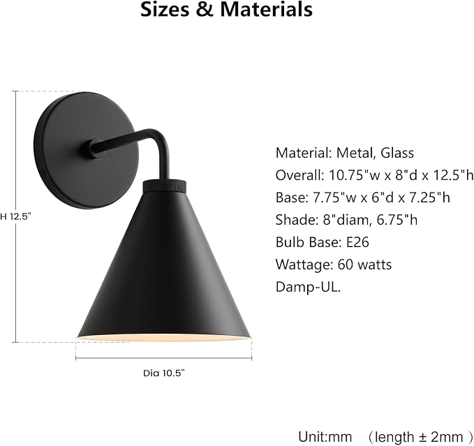 Retro Industrial Metal Cone Sconce Light - Vintage-Inspired Modern Black Wall Sconce with Metal Shade, Wall Mount Lighting for Bedroom, Hallway, Living Room (Black, 11 inch)