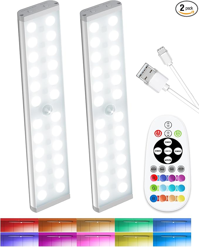 SZOKLED Motion Sensor Night Lights, 58-LED RGB Under Cabinet Lighting Wireless, 1100mAh Rechargeable Under Cabinet Lights Dimmable Closet Lights for Step, Stair, Kitchen,Hallway (2 Pack)