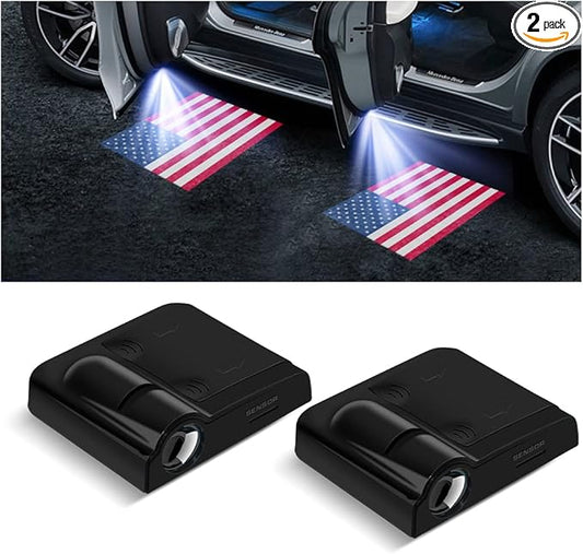 2Pcs Car Door Lights Logo Projector, Wireless LED Car Door Paste Welcome Courtesy Light, Holeless Magnet Sensor Ghost Shadow Welcome Lamp, Naruto Sharingan Light Accessories (Red American Flag)