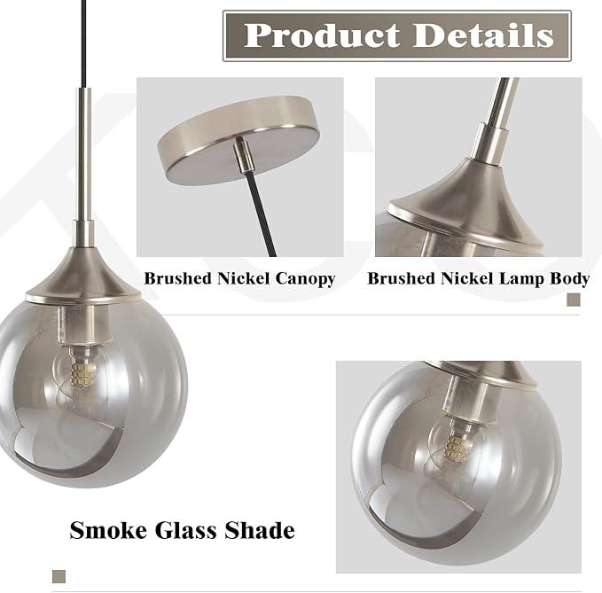 KCO Lighting 7.1” Smoked Glass Pendant Light Single Pendant Light Brushed Nickel Dining Room Light Fixtures Globe Hanging Light Fixture